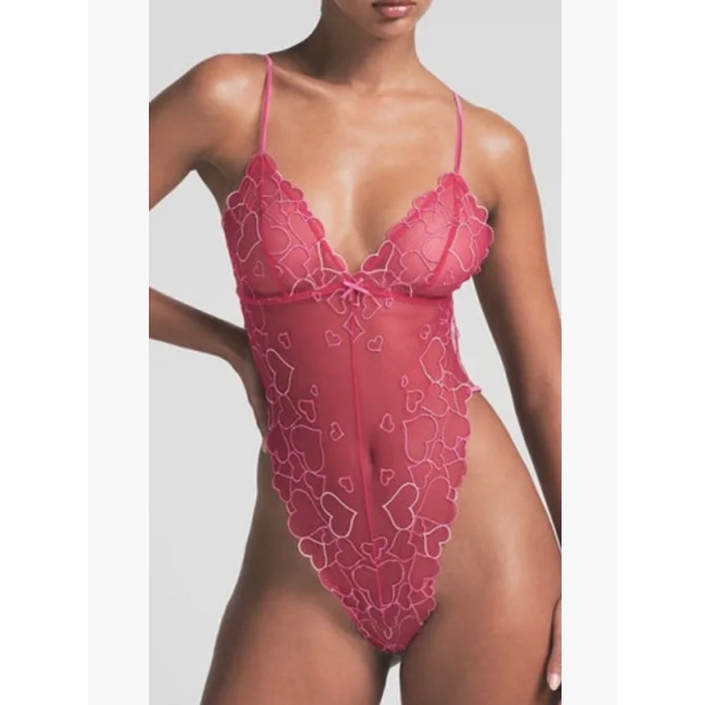 Skims Embroidered Tulle‎ Teddy Pink Heart Mesh Bodysuit Medium NEW